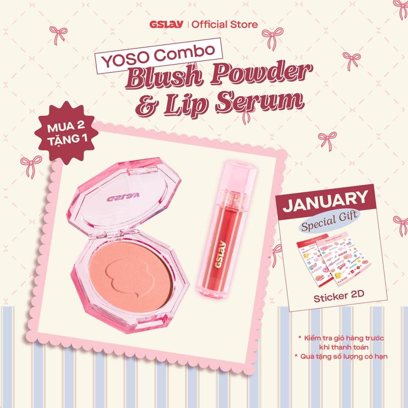 Combo GSLAY YOSO Phấn má hồng mịn lì lên chuẩn màu 5g & Son dưỡng bóng có màu thuần chay dưỡng ẩm tái tạo môi 1ml