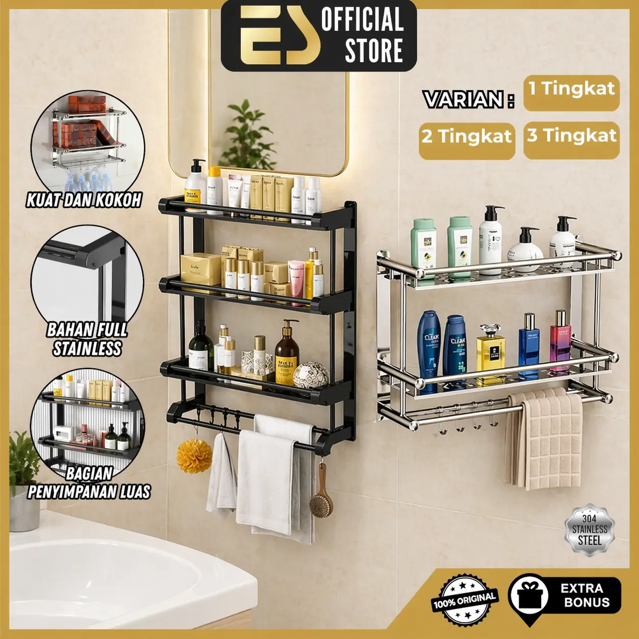 [COD] ES Rak Kamar Mandi Tempat Sabun Rak Shampoo Stainless Steel Silver Hitam Modern Aesthetic Anti Air Anti Karat