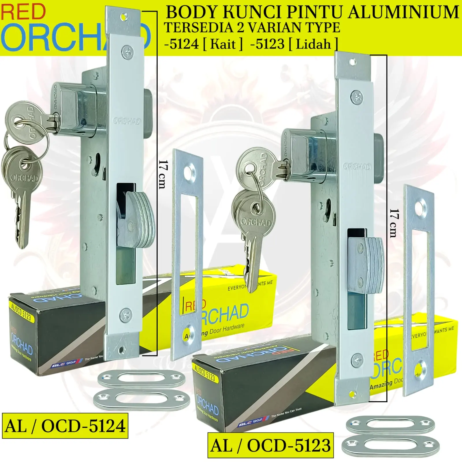 Kunci Pintu Aluminium 17Cm  ORCHAD 5123(Lidah)/5124(Kait)/Set Body Kunci