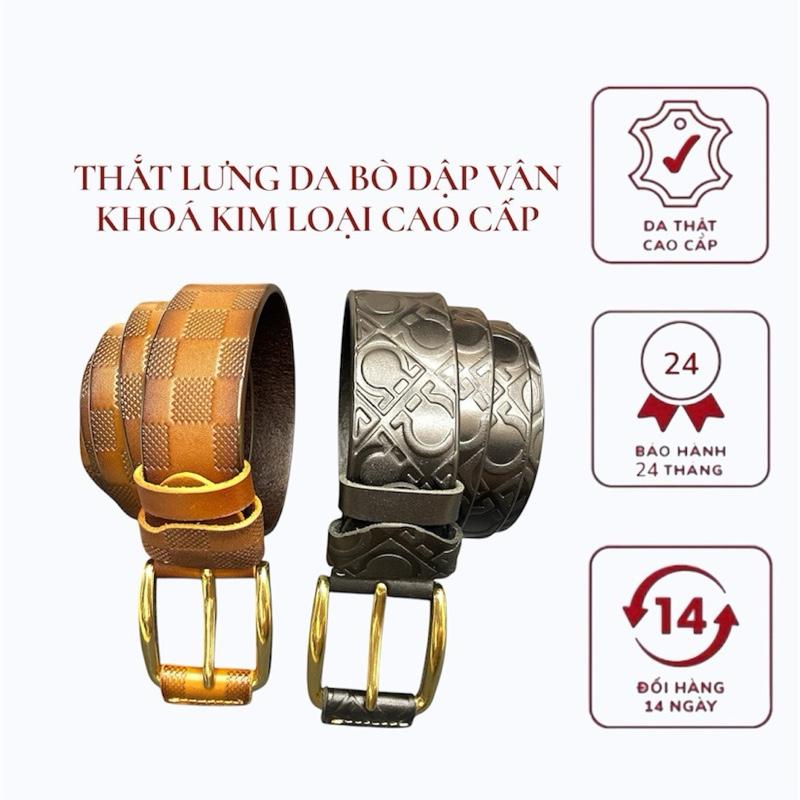 Thắt Lưng Dây Nịt Nam Da Bò Dập Vân Phong Cách Đầu Khoá Kim Loại Mạ Vàng Cao Cấp 3.8x120cm Voi Cao Su Ví