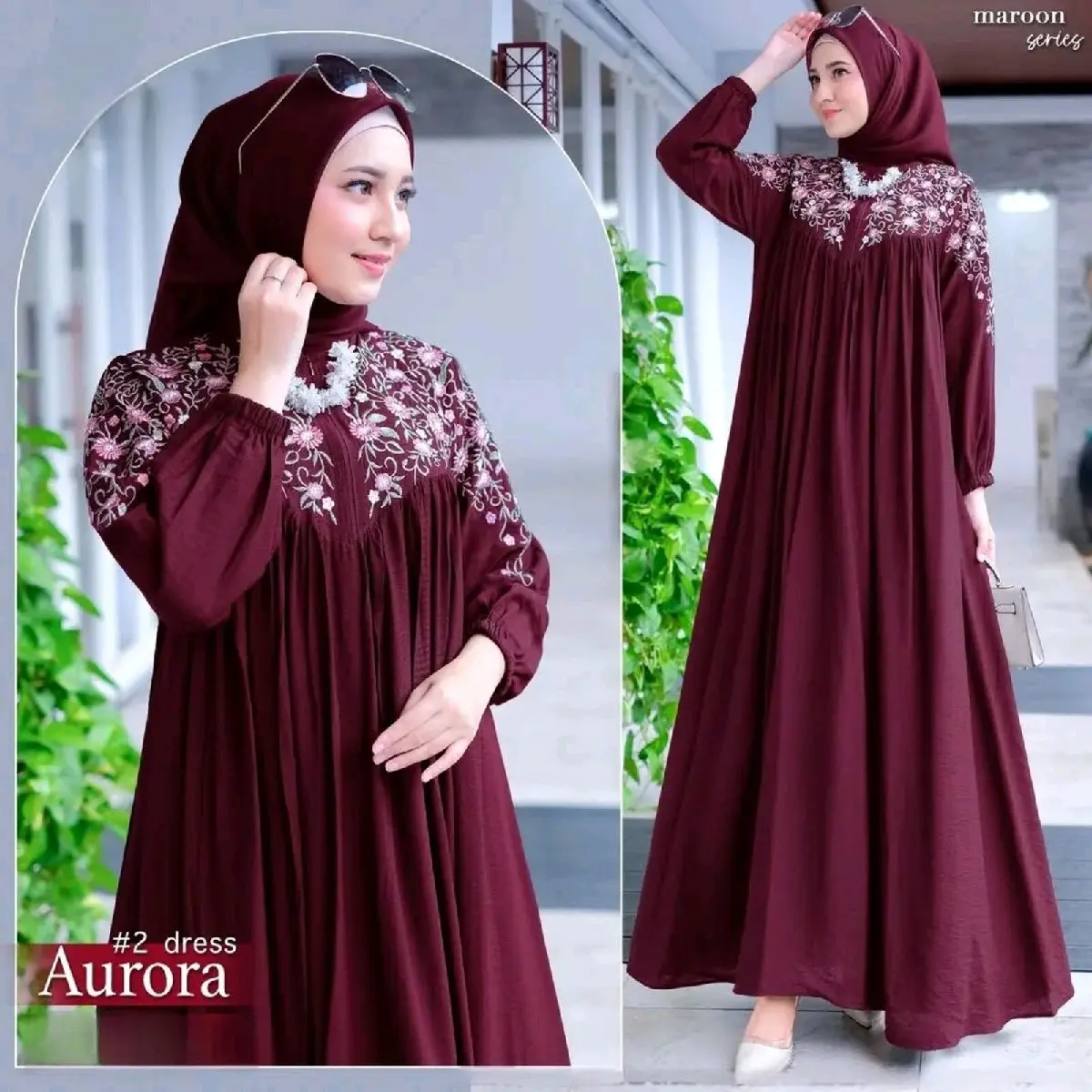 Aurora Dress Pesta Mewah Terbaru 2025 Gamis Kondangan Lebaran Wanita Muslim Remaja Dewasa Bahan Crinkle Airflow Aplikasi Bordir Bunga Cantik Simple Elegant Putih Hitam Maroon Navy