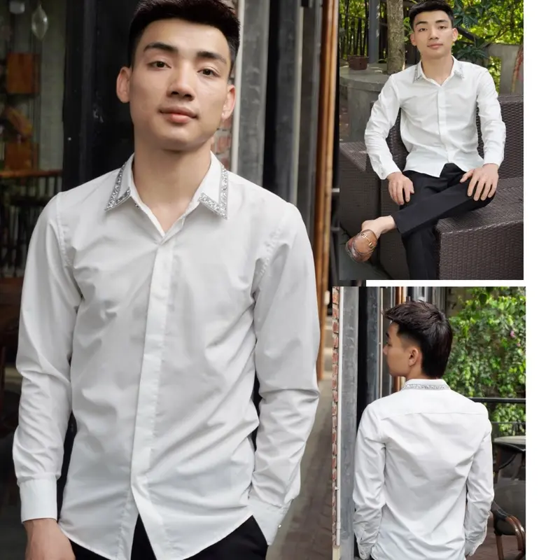 Áo sơ mi trắng Nam cổ đính Đá luxuryy