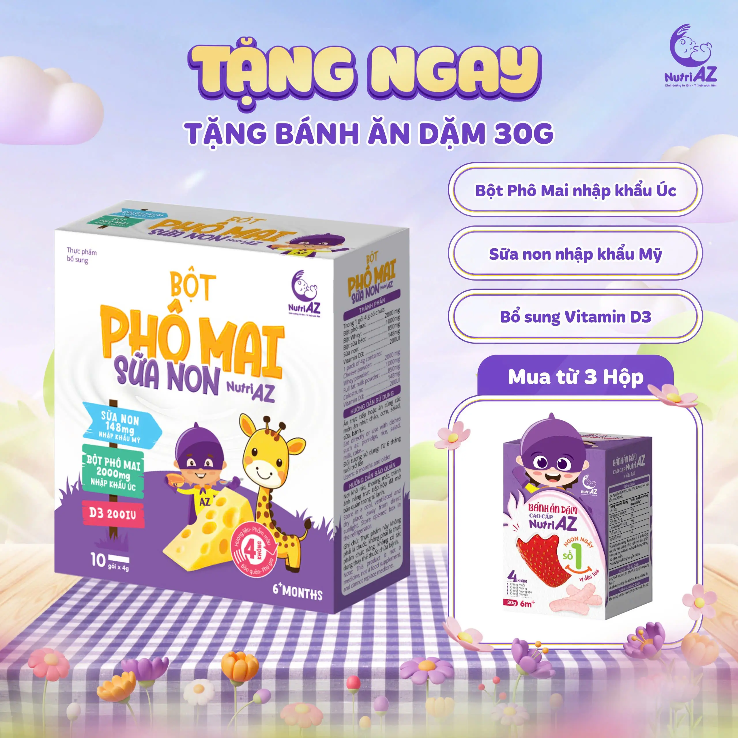 [Hộp 10 gói] Hộp Cheese Tách Muối Sữa Non NutriAZ Dạng Bột Hỗ Trợ Phát Triển Chiều Cao Cho Bé Ăn Dặm - Nhập khẩu Úc và Mỹ - Voi