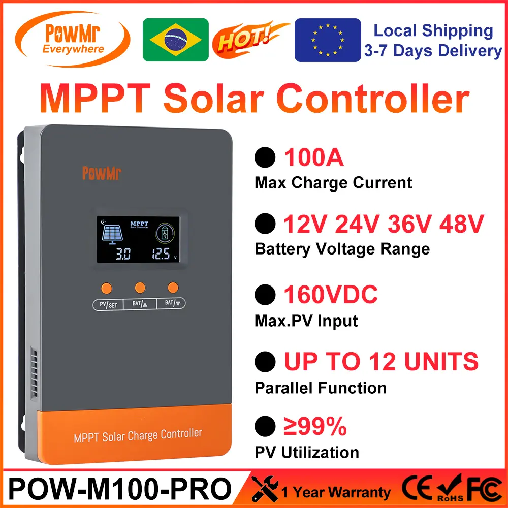 PowMr 100A MPPT Solar Charger Controller for 12V 24V 36V 48V Battery 160V Solar Panel Regulator LCD Display Can Parallel 12 Unit