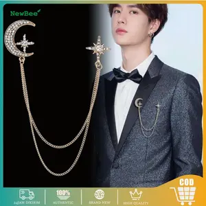 Lapel Pin Rantai Moon & Bintang Bros Jas Pria Korea Fashion dengan Kristal Mewah untuk Pria & Wanita