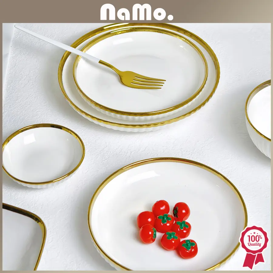 Namo Gift - Piring & Mangkuk Makan Keramik Putih Tebal List Gold Elegan/ Piring Keramik Sultan Mewah