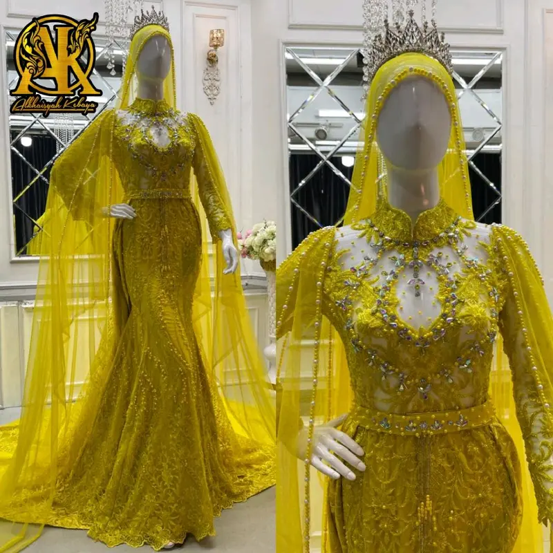 Gaun pengantin slim full payet ekor lepas pasang Mewah wedding Dress Pernikahan 5