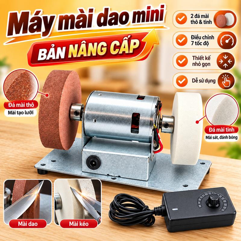 Máy Mài Mini 2 Đá Dùng Điện 220V, Mài Dao Kéo Điều Chỉnh 7 Chế Độ Nhanh Chậm, Hàng Đá To 70mm Loại 1