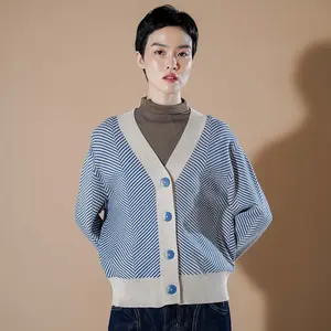 This Is April Katniss Cardigan Atasan Lengan Panjang Wanita Gaya Minimalist Motif Garis Baju Mewah Elegan Dark Blue dan Pink