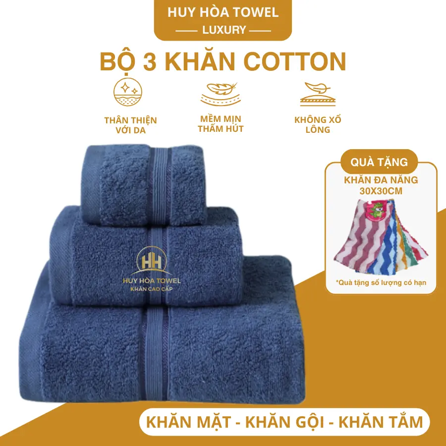 Bộ 3 khăn tắm khăn mặt khăn gội làm từ sợi cotton cao cấp thấm hút không ra màu không xù lông dùng cho nhà tắm phòng tắm