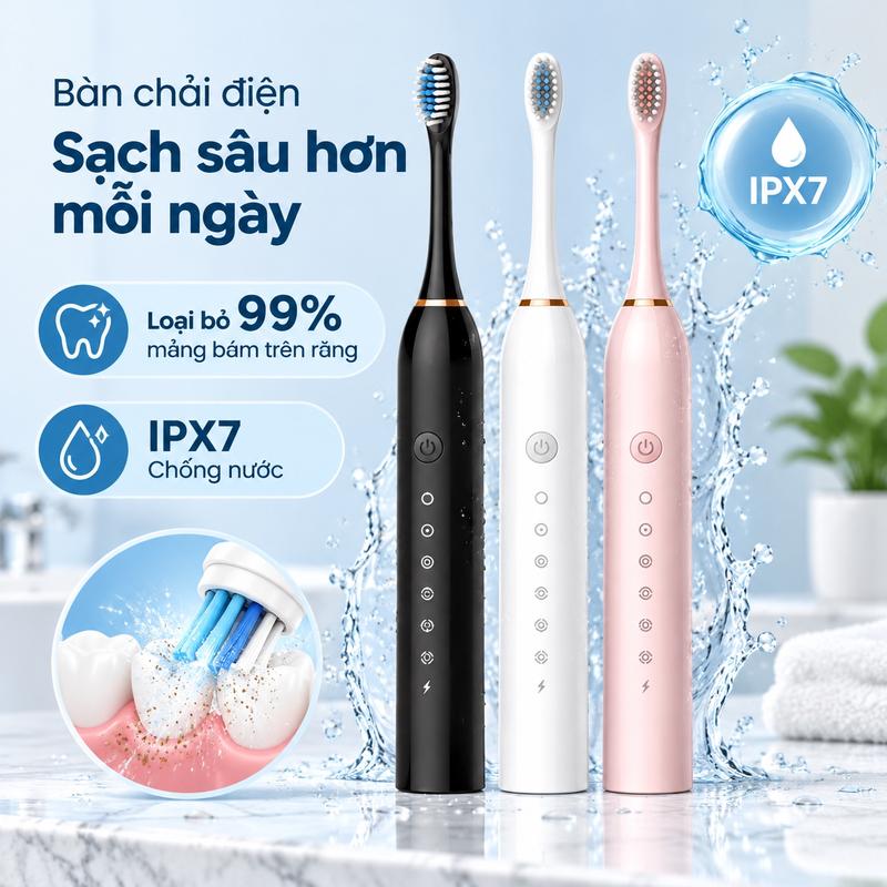 Bộ Bàn Chải Điện Tự Động, Lông Mềm Chống Nước IPX7, Sóng Âm 6 Chế Độ, Pin Bền, Kèm 4 Đầu Chải, Người Lớn Nam Nữ