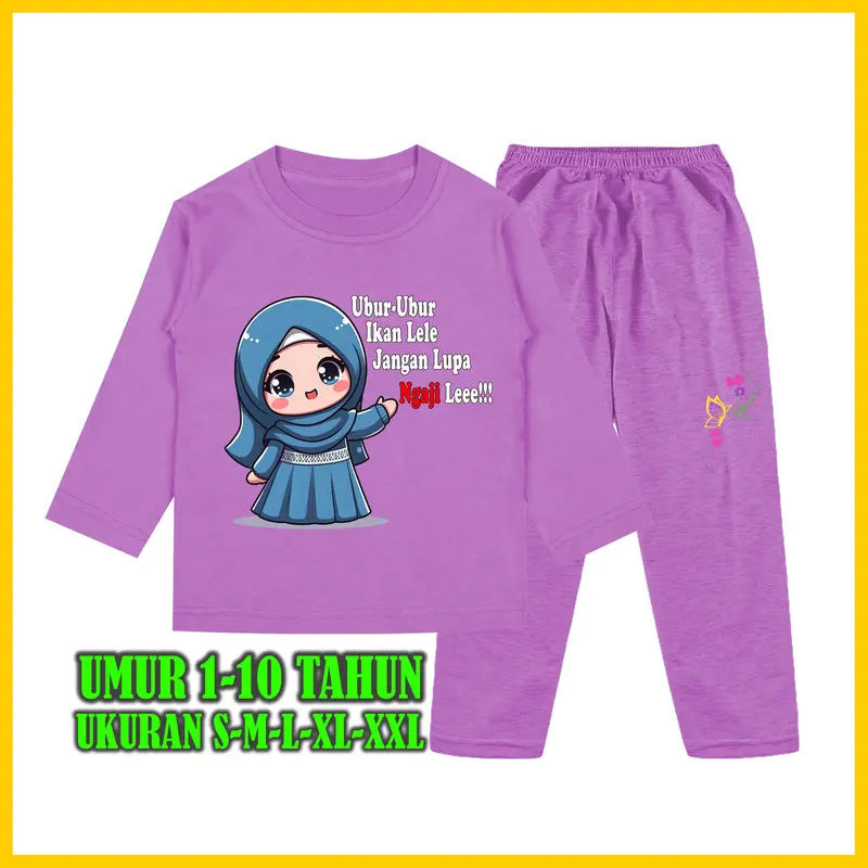 Baju Tidur Anak Perempuan Gambar Muslim Kata kata Ubur Ubur Ikan Lele Setelan Lengan Panjang - Baju Anak Fashion Celana 0