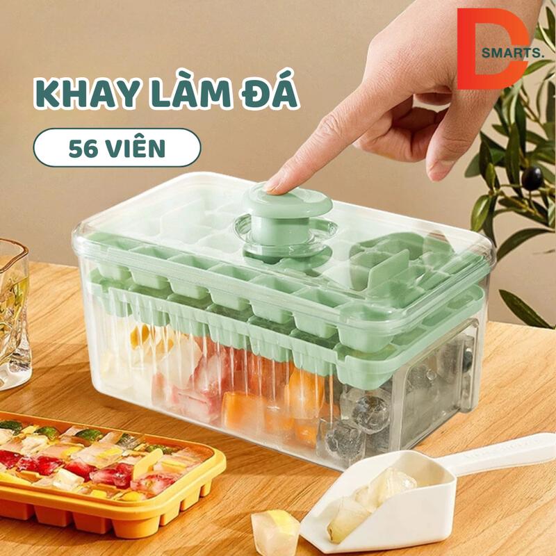 Hộp Khay Làm Đá Thông Minh Nhấn Nút Lấy Đá Dễ Dàng, Khay đá 56 Viên 2 Tầng Tiện Lợi Thông Minh