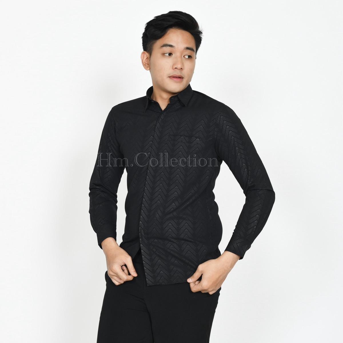 HM - Kemeja Zafar -  Baju lebaran 2025 pria atasan dewasa Kerah premium Lengan panjang sultan Muslim style elegan  Formal mewah terbaru Katun Embos Simple Motif minimalis Nyaman kekinian Hitam Slimfit Batik Koko bajukoko pria