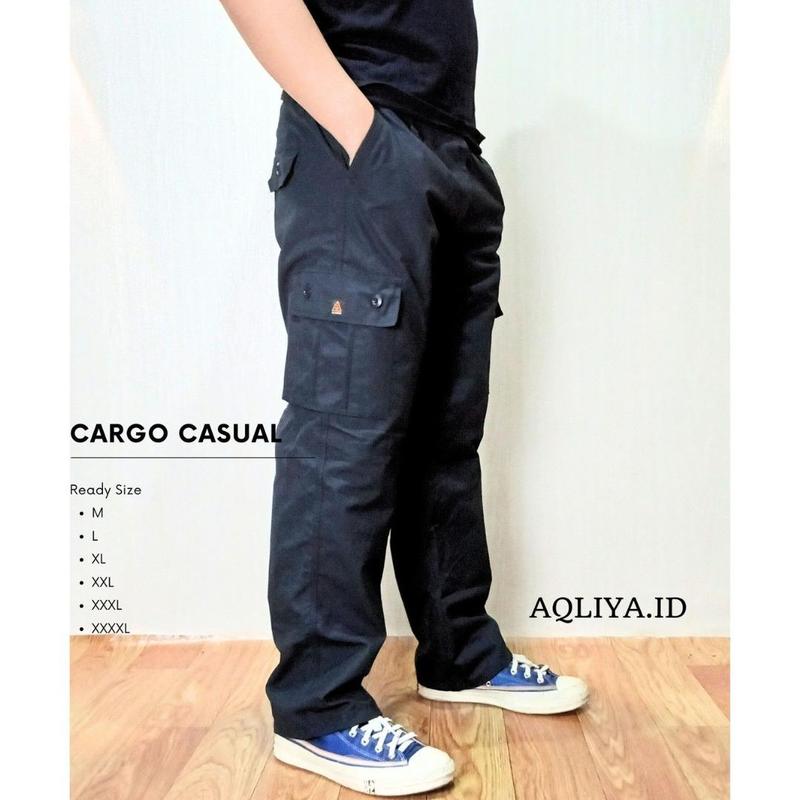 Celana Cargo Pria Celana Panjang Cargo Unisex Cewe dan Cowo Bisa Bahan Adem Cocok untuk Kegiatan Outdoor Nyaman Warna Hitam Karet Kotak 1
