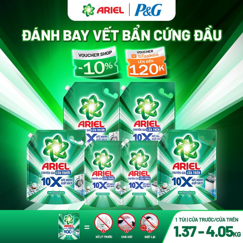 Nước giặt siêu sạch Ariel 10X đậm đặc hương Downy nắng sớm thơm lâu cửa trên cửa trước 1.37kg - 4.05kg