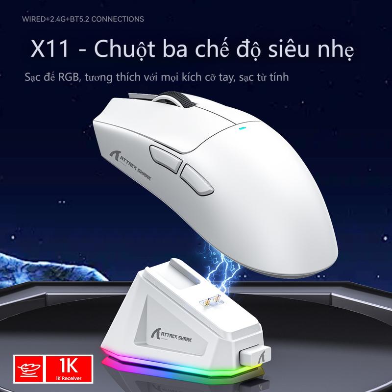 Chuột gaming Attack Shark X11 3 chế độ kết nối siêu nhẹ 63g cảm biến PixArt PAW3311 thiết kế công thái học độ trễ thấp đèn RGB bề mặt nhám chống trượt pin bền dùng cho văn phòng và chơi game