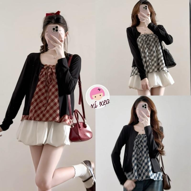  Set áo 2 dây kẻ XIXEOSHOP kèm áo cardigan dài tay phong cách Hàn Quốc - S18 