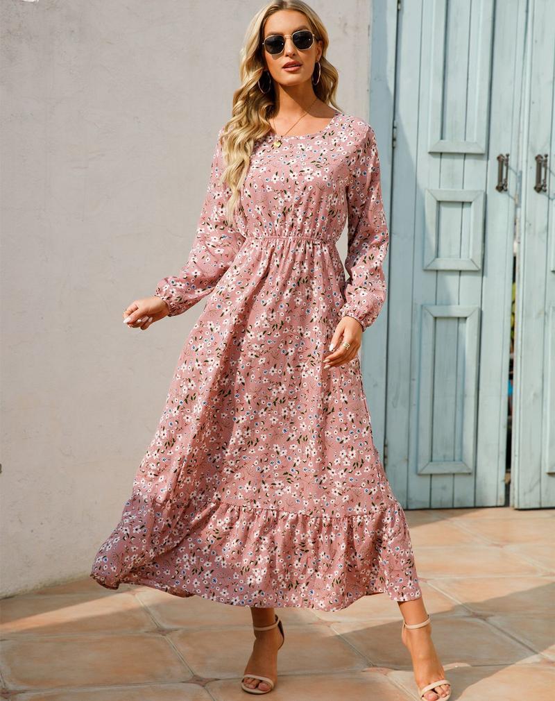 Product Introduction of Cross-Border Foreign Trade Spring and Autumn Floral Chiffon Dress Waist-Controlled Slimming Long Sleeve round-Neck Long Printed Dress Women's 5