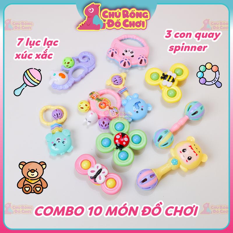   SALE CUỐI NĂM  Combo Đồ Chơi 10 Món Cho Bé – 7 Lục Lạc Xúc Xắc & 3 Con Quay Spinner Kích Thích Giác Quan | Chú Rồng Đồ Chơi 