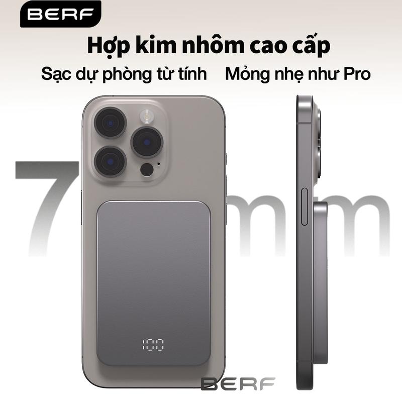 Sạc dự phòng không dây BERF C10 Titan hợp kim nhôm từ tính siêu mỏng 10000mAh/5000mAh PD 20W,Cho iPhone 12/13/14/15/16 Series