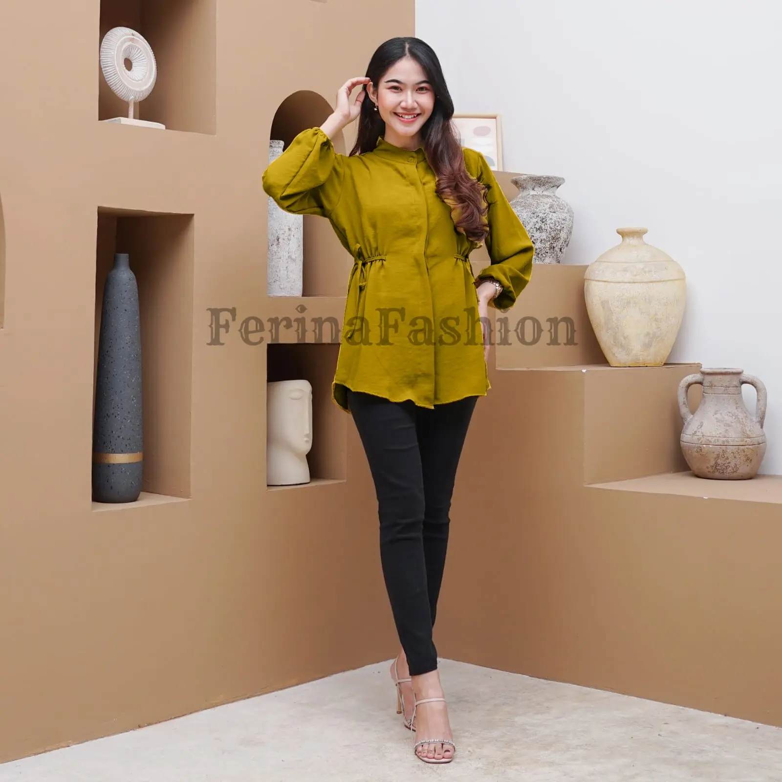 Monna Blouse Atasan Wanita Bahan Crinkle Premium Samping Serut Size M L XL XXL Tangan Full Karet Nyaman Murah Mewah