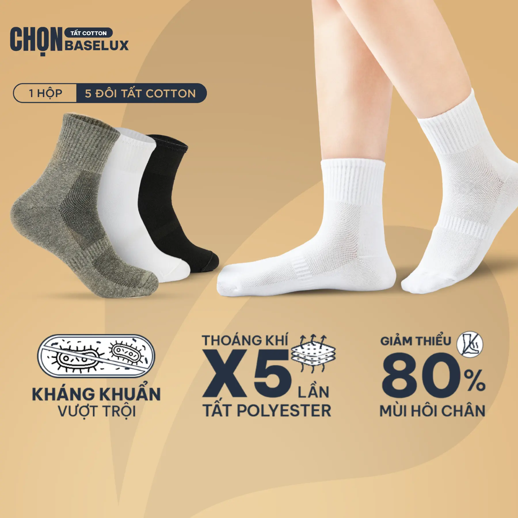 [LIVE] Tất cổ trung BaseLux tất cotton co giãn, vớ nam nữ mềm mại thoáng mát, tất đá bóng kháng khuẩn chống hôi chân