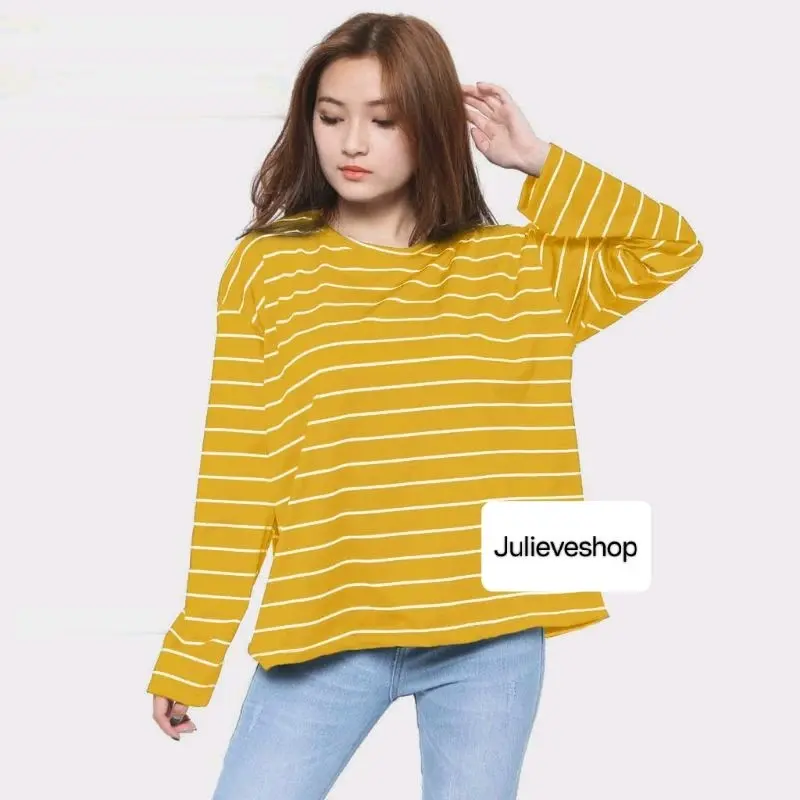 Kaos Manset Motif Salur Garis Berwarna Polos Lengan Panjang Wanita Abu Army 4