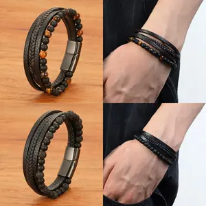 Gelang Kulit Pria Bergaya Retro Dengan Batu Onyx Hitam Dan Tiger Eye Aksesori Bracelet Titanium Keren Hadiah Tahun 2025