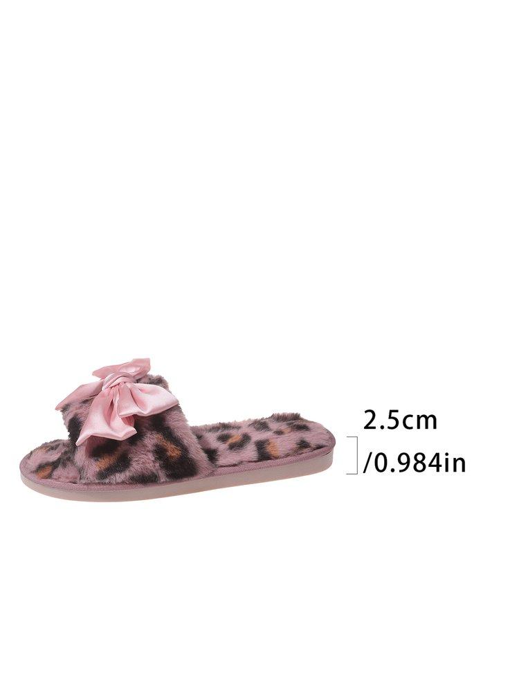 Product Introduction of Fluffy Leopard Bowknot Slippers Women's Autumn and Winter Flat Home Floor Slippers Open Toe Cotton Slippers Women's Flat-Heeled Slippers Rubber Suede 11