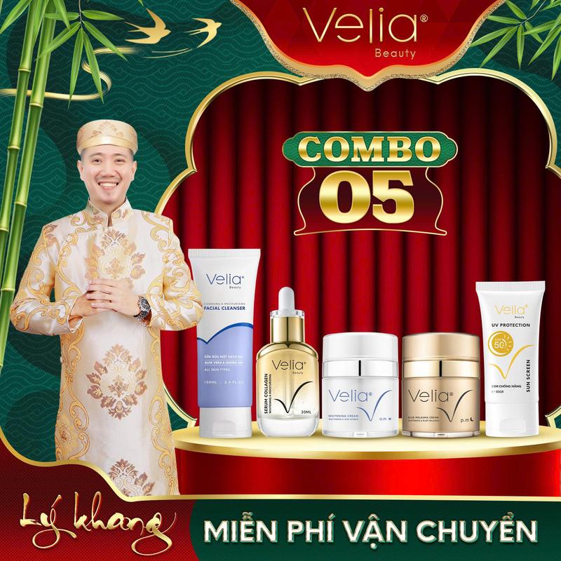    #50   Bộ 05 Kem Hỗ Trợ Cải Thiện Nám Dưỡng Trắng Da Sữa Rửa Mặt Serum Collagen Kem Chống Nắng VELIA Skincare 