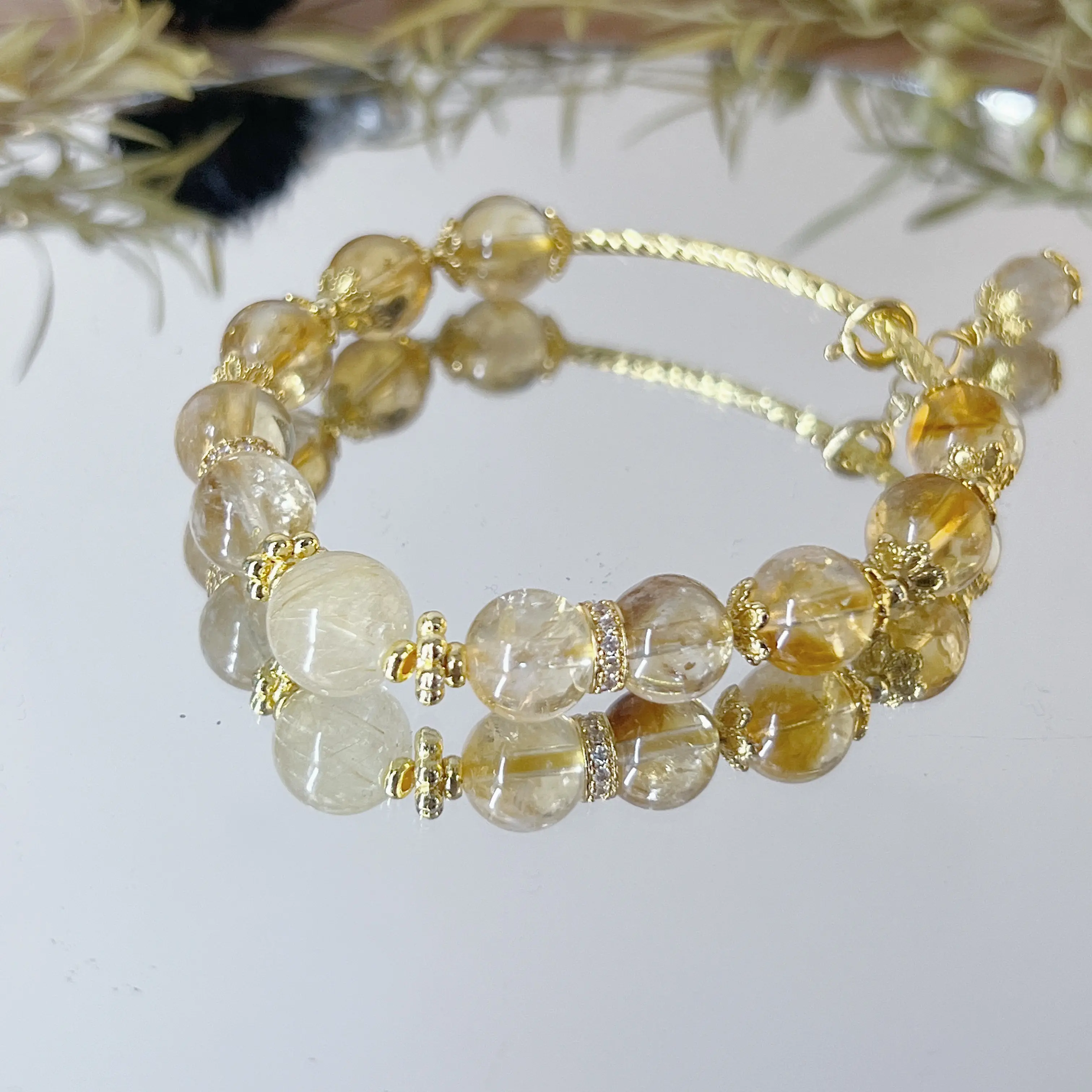 【OwniCrystals】Rutilated Quartz Citrine Yellow natural charm crystal stone bracelet bangle for woman