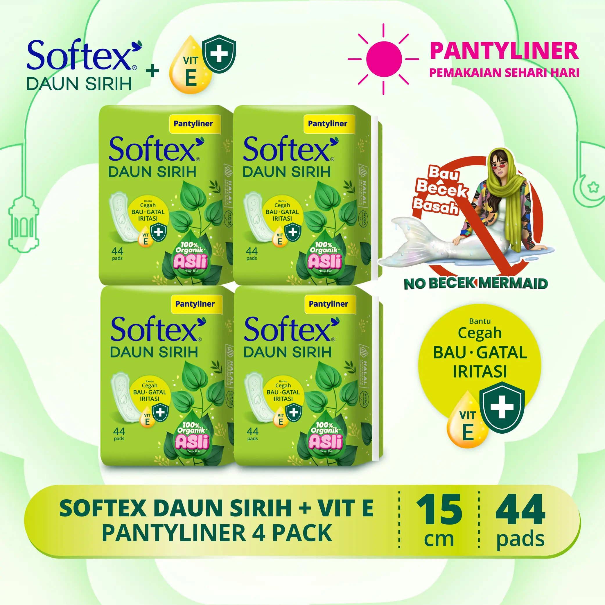 Pantyliner Softex Daun Sirih + Vitamin E 44s x 4 Pack - Pantyliner Daun Sirih