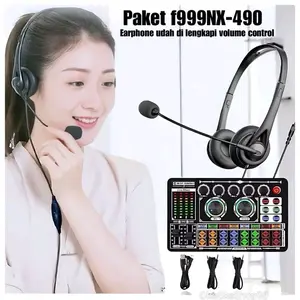 Paket F999 + Headphone Set Sound Card plus Headphone Microphone Alat Live Siaran langsung dan Karaoke Live Musik Peralatan Audio  Laptop