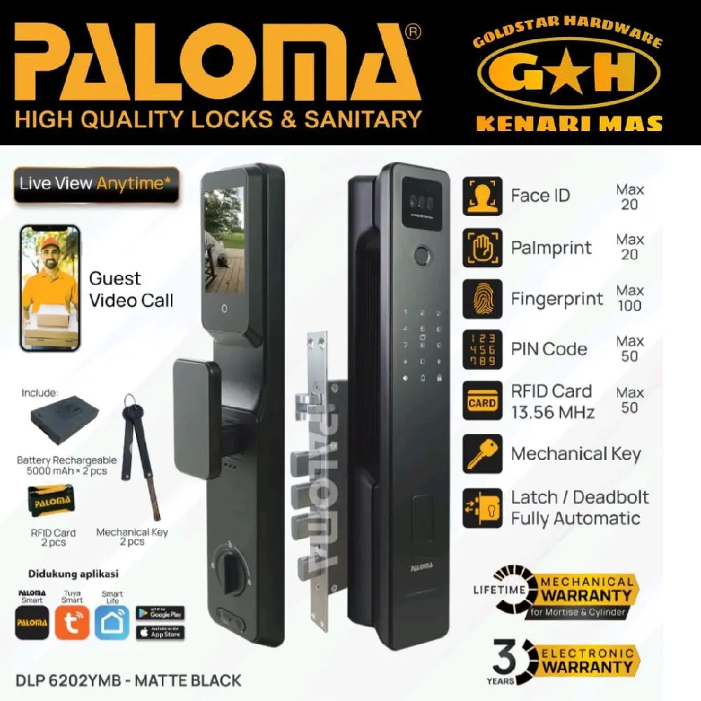 PALOMA DLP 6202YMB Digital Lock Smart Door Lock Kunci Pintu Digital Fingerprint PIN Password Kartu Telapak Tangan Smart Home Kunci Pintar 3D Face ID FaceID Palmprint Recognition Door Live Viewer Camera Tuya WiFi