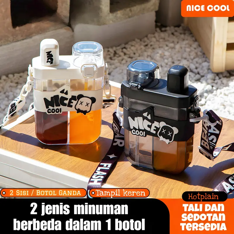 Botol Minum Duet Anak 2 in 1 Couple Bottle 620 ml Nice Cool Bear Tali Kitchenware Water 1