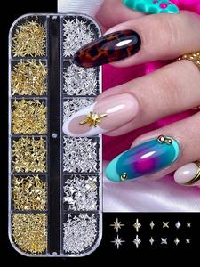 Remaches para uñas estilo Y2K, 12 cuadros de colores mixtos, y adornos de arte para uñas en forma de estrella color plata, accesorios para manicura DIY