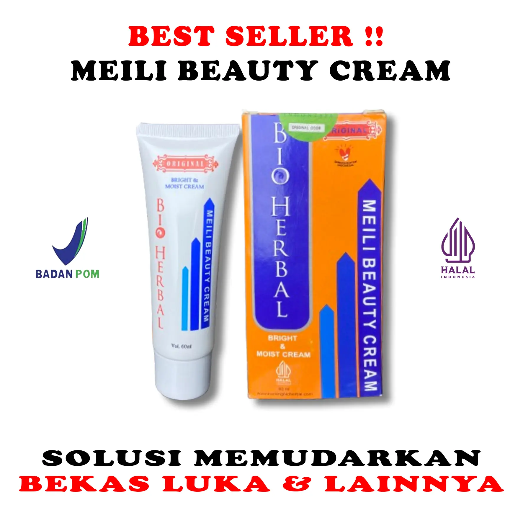 BPOM BIO HERBAL MEILI BEAUTY CREAM PERAWATAN TUBUH MEMBANTU MENGURANGI MEMUDARKAN BEKAS LUKA GATAL CACAR KAKI LOTION PENCERAH