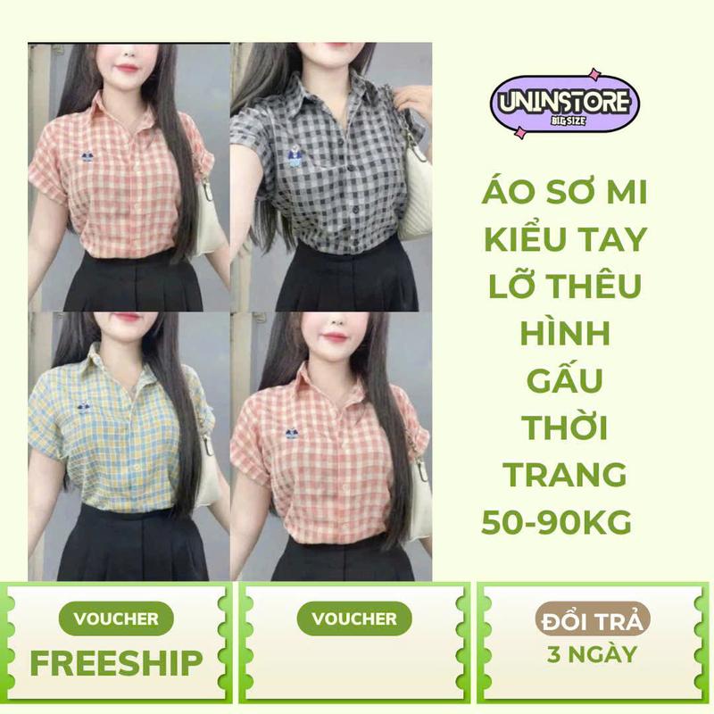 Áo sơ mi hoạ tiết caro thêu hình gấu chất cotton thời trang dành cho nữ freesize 45-90kg-Bs077