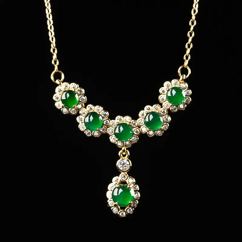 Natural Jade Grade A Water Moisturizing Spicy Green Egg Noodles Set with 925 Silver Necklace and 18k Gold
