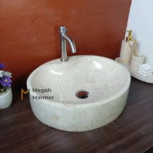 Megah Marmer | Wastafel Marmer Bentuk Oval + Lubang Fosit Warna Cream Ukuran 45cm Free Packing Kayu