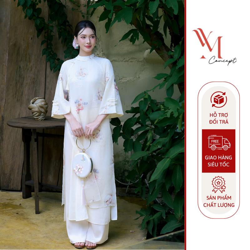  YM Concept Áo Dài Sen Ngư Cổ Tròn Form Suông Tay Lửng Phối Tua Rua Kèm Quần - Áo Dài Tết Đẹp Sang Trọng Và Thanh Lịch AD1505 