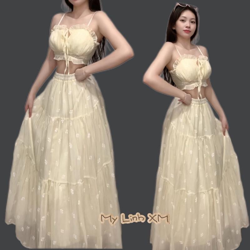 Set Váy Thiết Kế Áo Hai Dây Lưng Bo Chun Kèm Chân Váy Xoè Chất Liệu Voan Tơ Thoáng Mát
