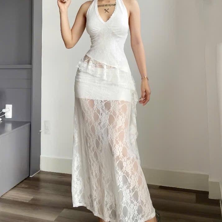 Set đầm nữ ren hoa áo cổ yếm tua rua kèm chấn váy đuôi cá sang chảnh Lolystore dress women VA503