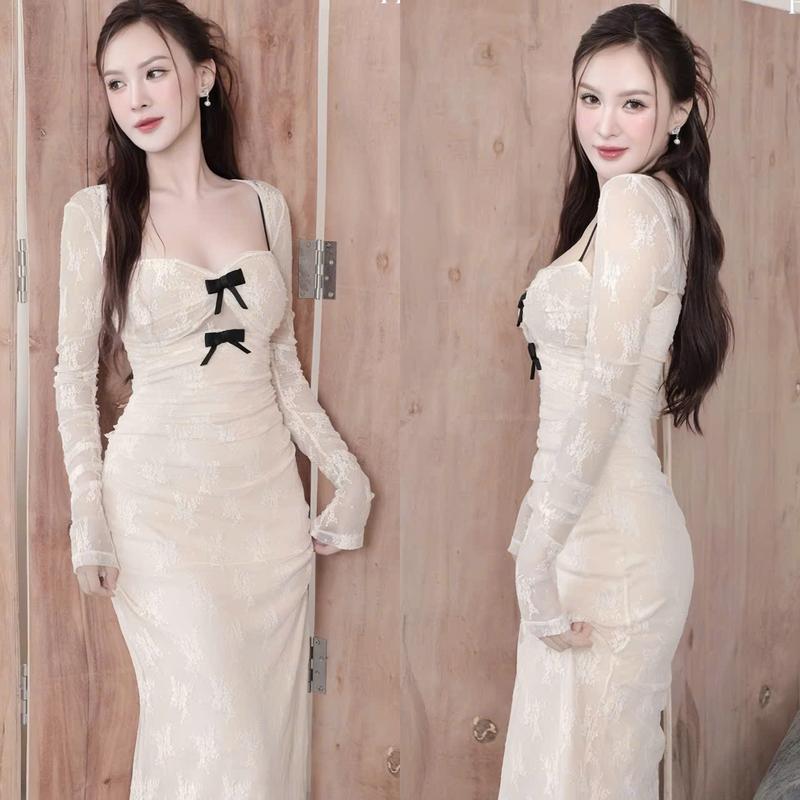 Đầm váy nữ body ren hoa thiết kế 2 dây cổ vuông dính nơ có mút kèm khoác ngoài dài tay xinh xắn sang chảnh dành cho nàng di chơi,di tiệc.