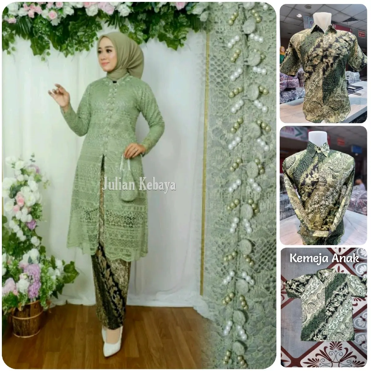 Setelan Baju Couple Kebaya Tunik Brokat Payet Busui Jumbo Sage Green Dan Kemeja Batik Ayah Anak Pria Atasan Kondangan Keluarga Pasangan Sarimbit Wisuda Seragam Kancing Katun Panjang