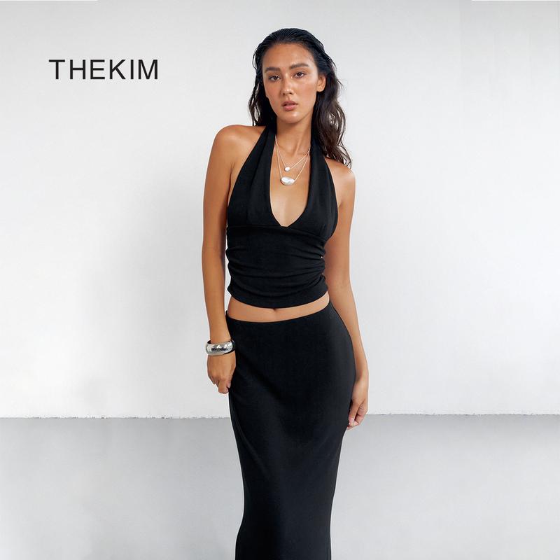 THEKIM  Set Lẻ áo yếm nhún eo ( không mút ) và chân váy dài xẻ sau ôm sát , chất liệu soft rib 100% cotton