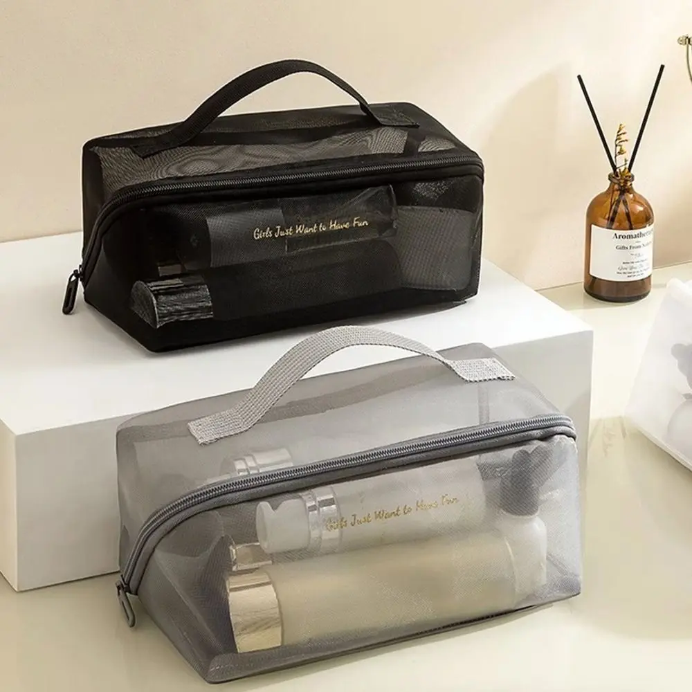 Portable Large Capacity Mesh Makeup Bag Organizer Pouch Solid Transparent Wash Bag Lightweight Travel Storage Bag