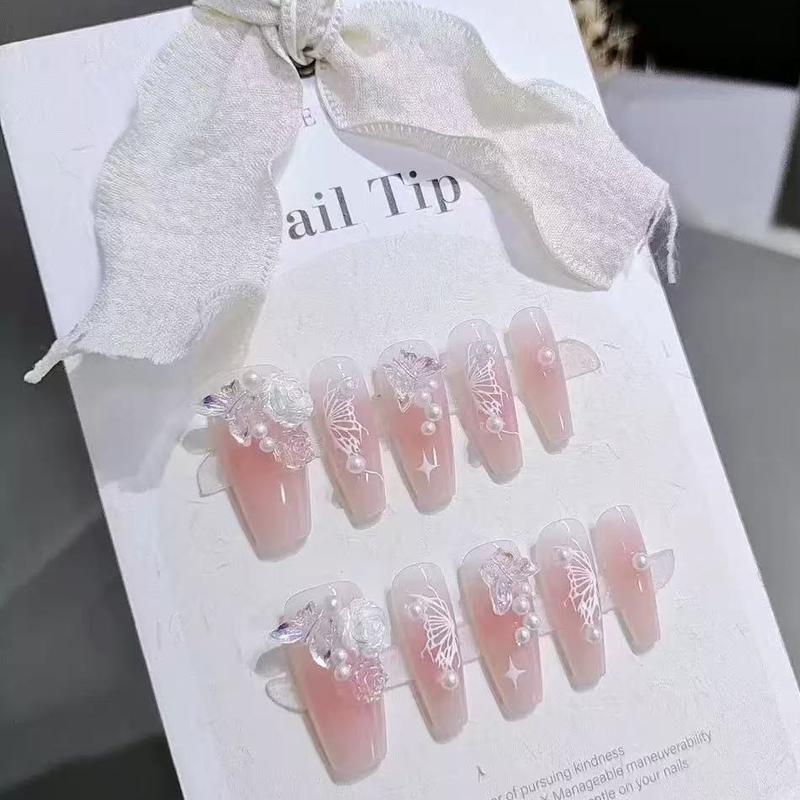 Mã B008 Nail Box Móng Tay Giả Dáng Móng Dài Màu Thạch Hồng Ombre Đính Họa Tiết Công Chúa Tiểu Thư Cô Dâu Đám Cưới Nhẹ Nhàng Có Thể Tháo Rời Tái Sử Dụng