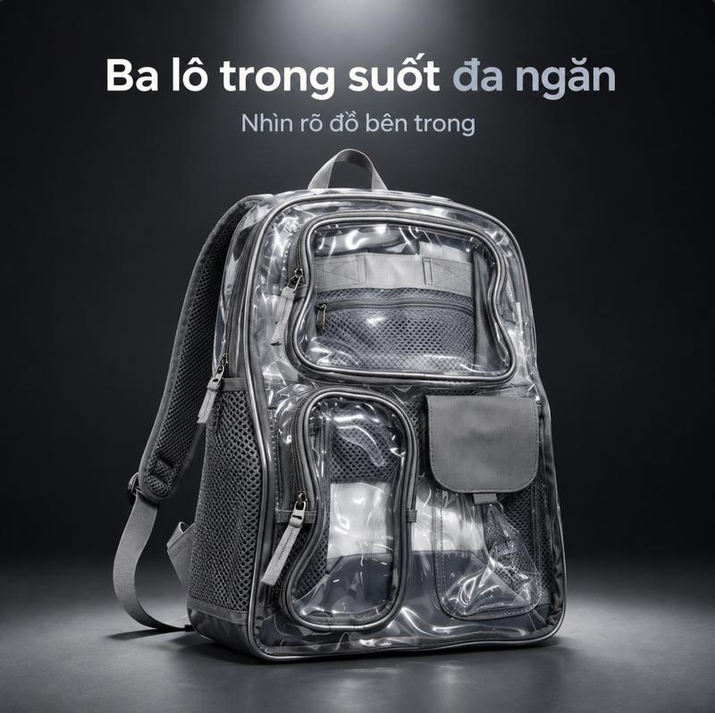 Ba lô PVC trong suốt dung tích lớn nhiều ngăn, ba lô chống nước, qua kiểm tra an ninh vào sân bóng & buổi hòa nhạc
